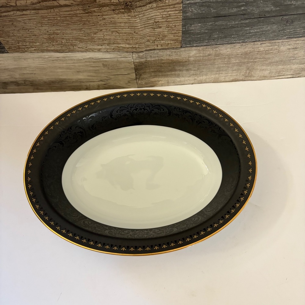 Noritake Benedicta 6976 Oval Vegetable Serving Bowl Black Gold Floral Japan